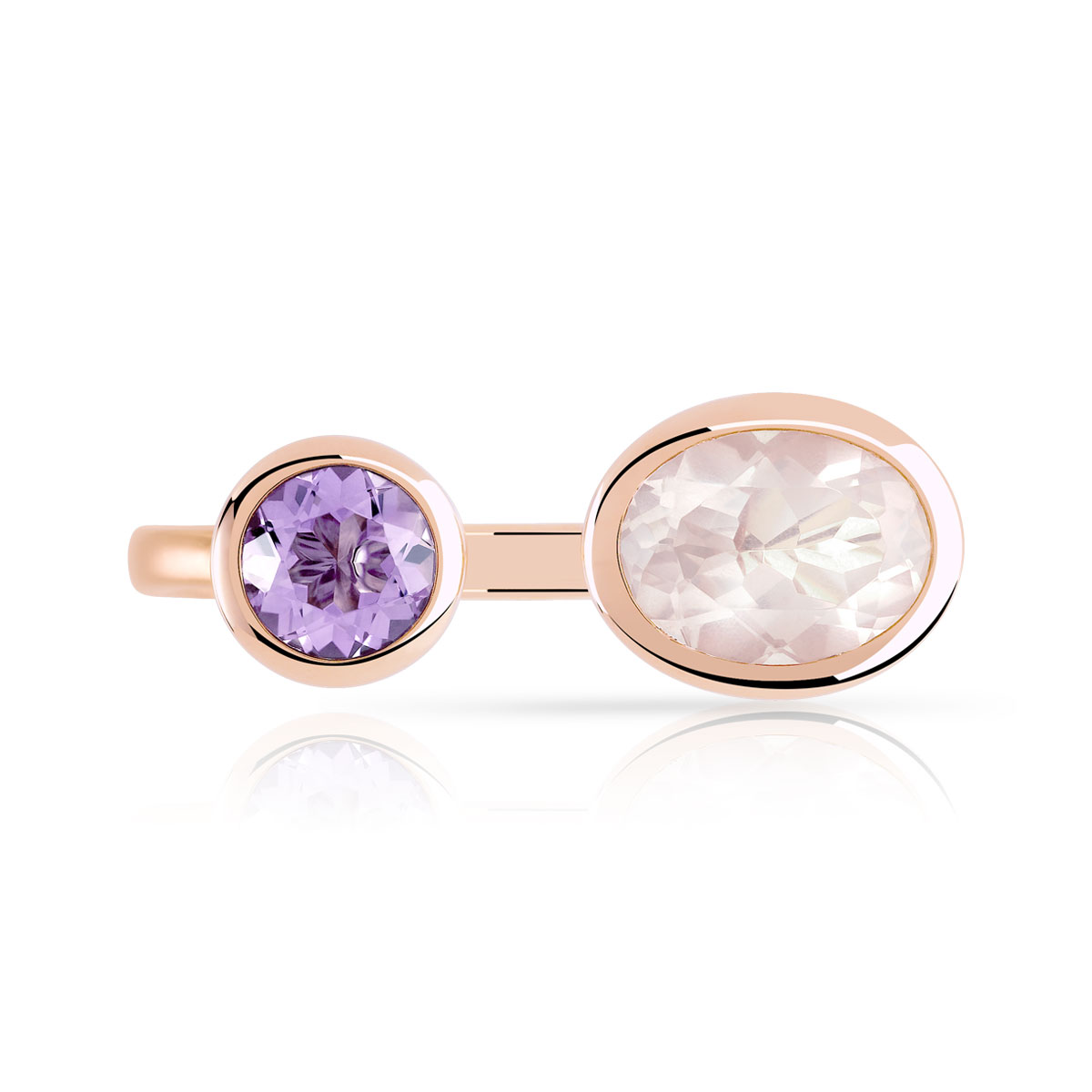 Bague or 375 rose améthyste et quartz rose