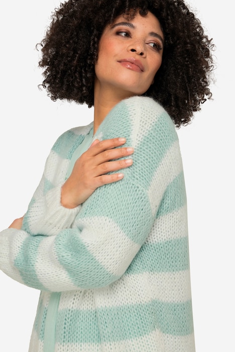 Strickjacke, oversized, Blockstreifen, offene Form, V-Ausschnitt, Langarm