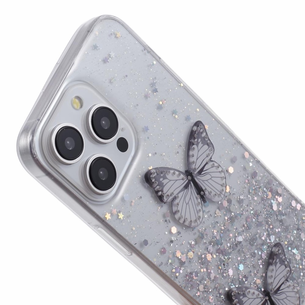 iPhone 16 Pro Hybrid Hardcase Schutzhülle im Glitzer Design Schmetterling - Silber / Transparent
