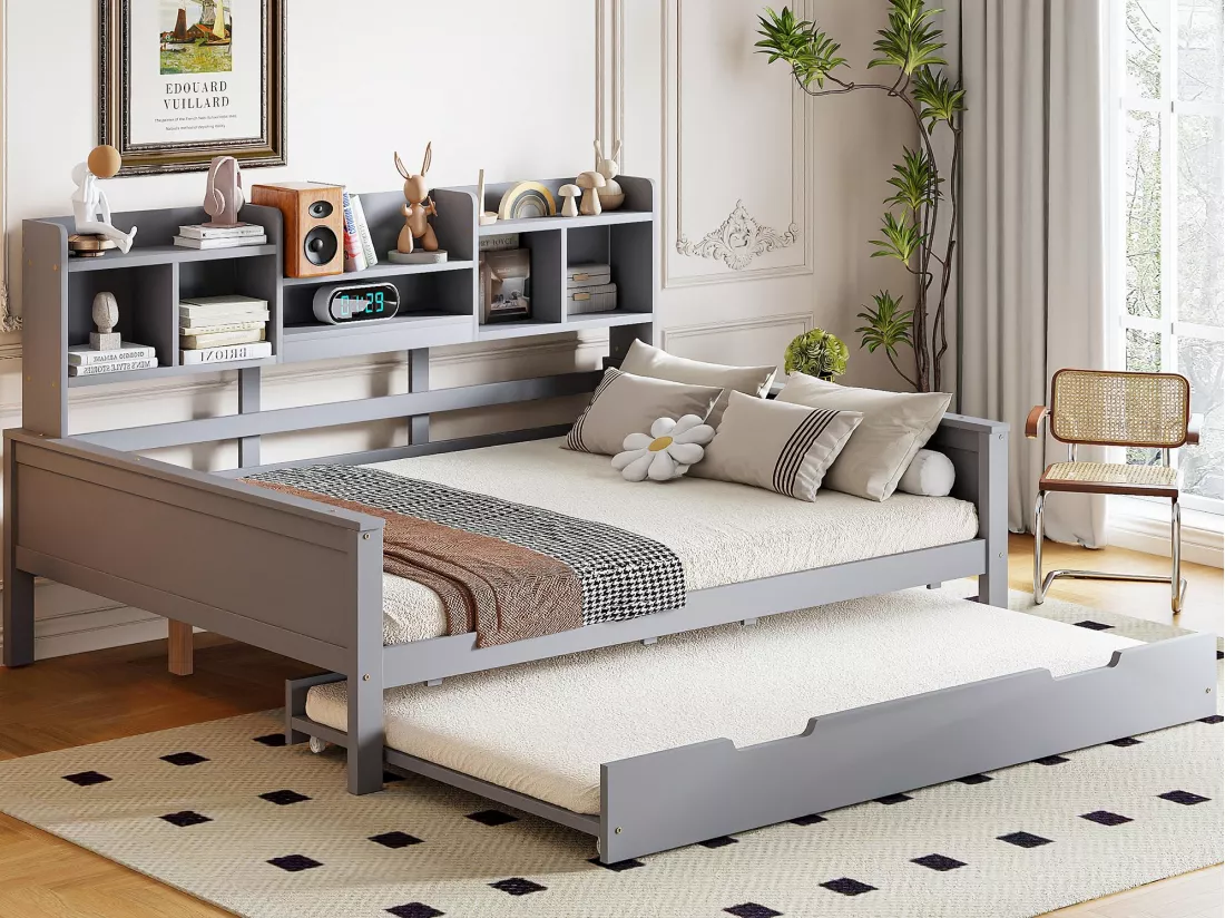 Canapé-lit gigogne 140x200 cm - Lit gigogne 90x190 cm - avec rangement - sommier à lattes - pin multi - gris (matelas non inclus)
