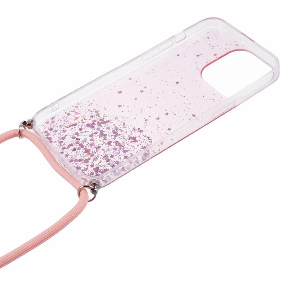 iPhone 14 Pro Necklace Gummi Hülle im Glitzer Design   Handykette (140cm) - Rosa / Transparent