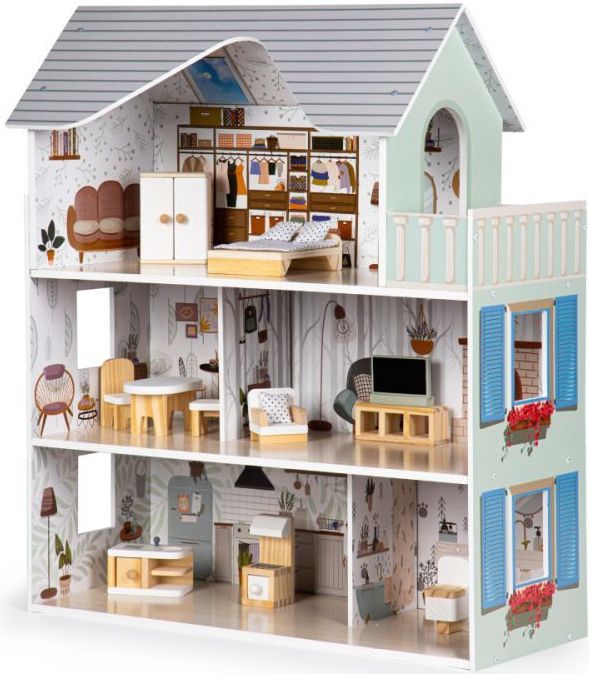 Poppenhuis - EMMA - Hout - 3 Niveaus - 10 Meubels en Accessoires