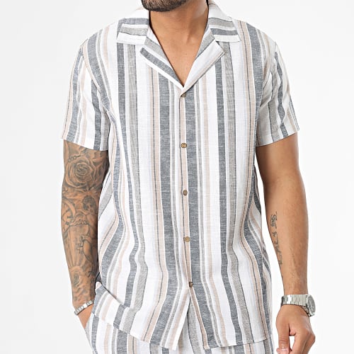 Ensemble Chemise Manches Courtes Et Short Chino Rayures Blanc Beige Bleu