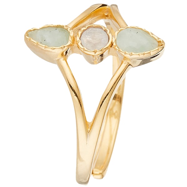 Bague ajustable Feuilles - Laiton doré, amazonite verte & pierre de lune arc-en-ciel