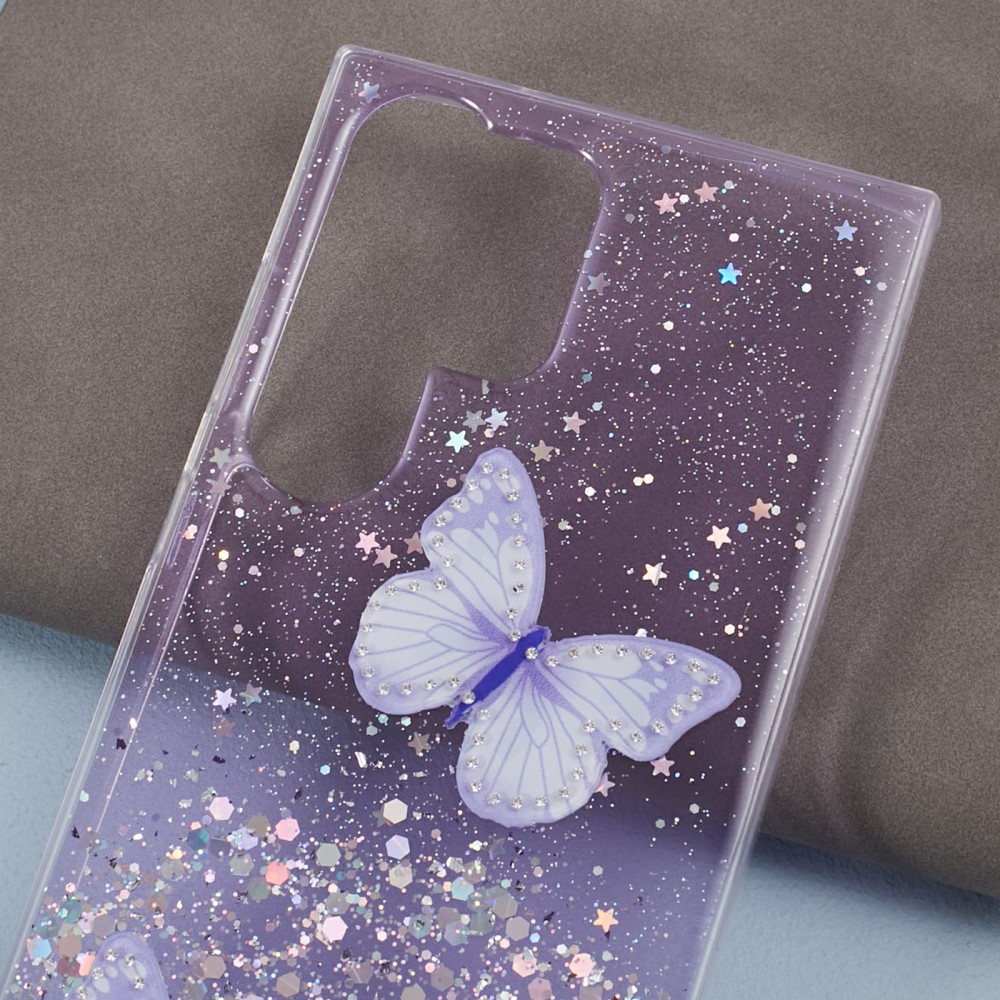 Samsung Galaxy S24 Ultra Hybrid Hardcase Schutzhülle im Glitzer Design Schmetterling - Lila / Transparent