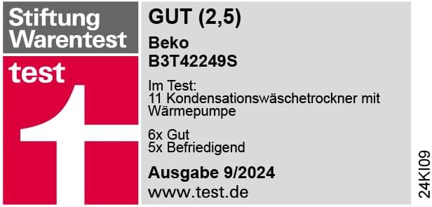 Beko Wäschetrockner 8kg, Stiftung Warentest GUT (2,5)*, allergikergeeignet, Hygiene Trocknen, SteamCure Dampffunktion, 15 Programme, Express, B3T42249S, Weiß