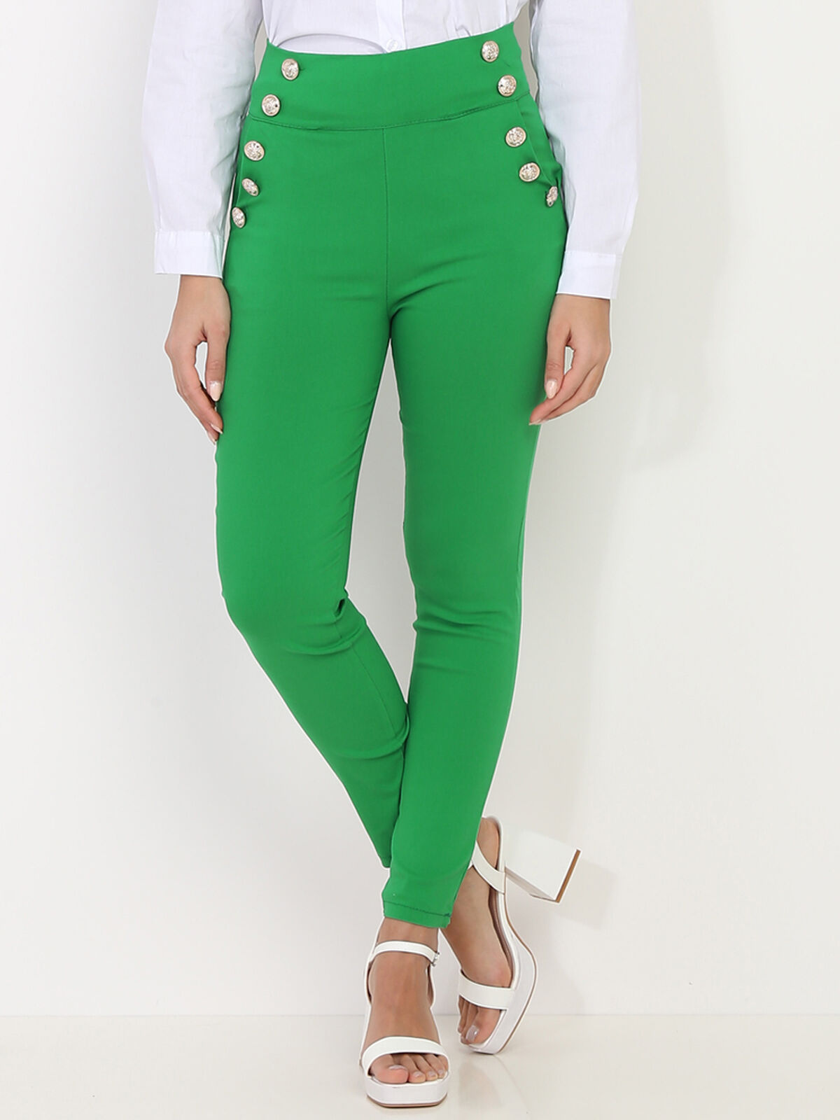 Pantalon taille haute à boutons officier- Vert