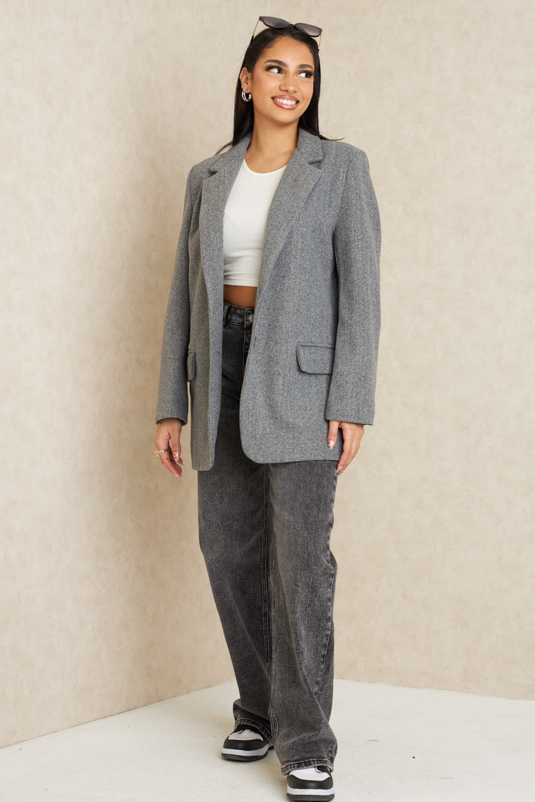 Veste blazer grise mi-longue chinée