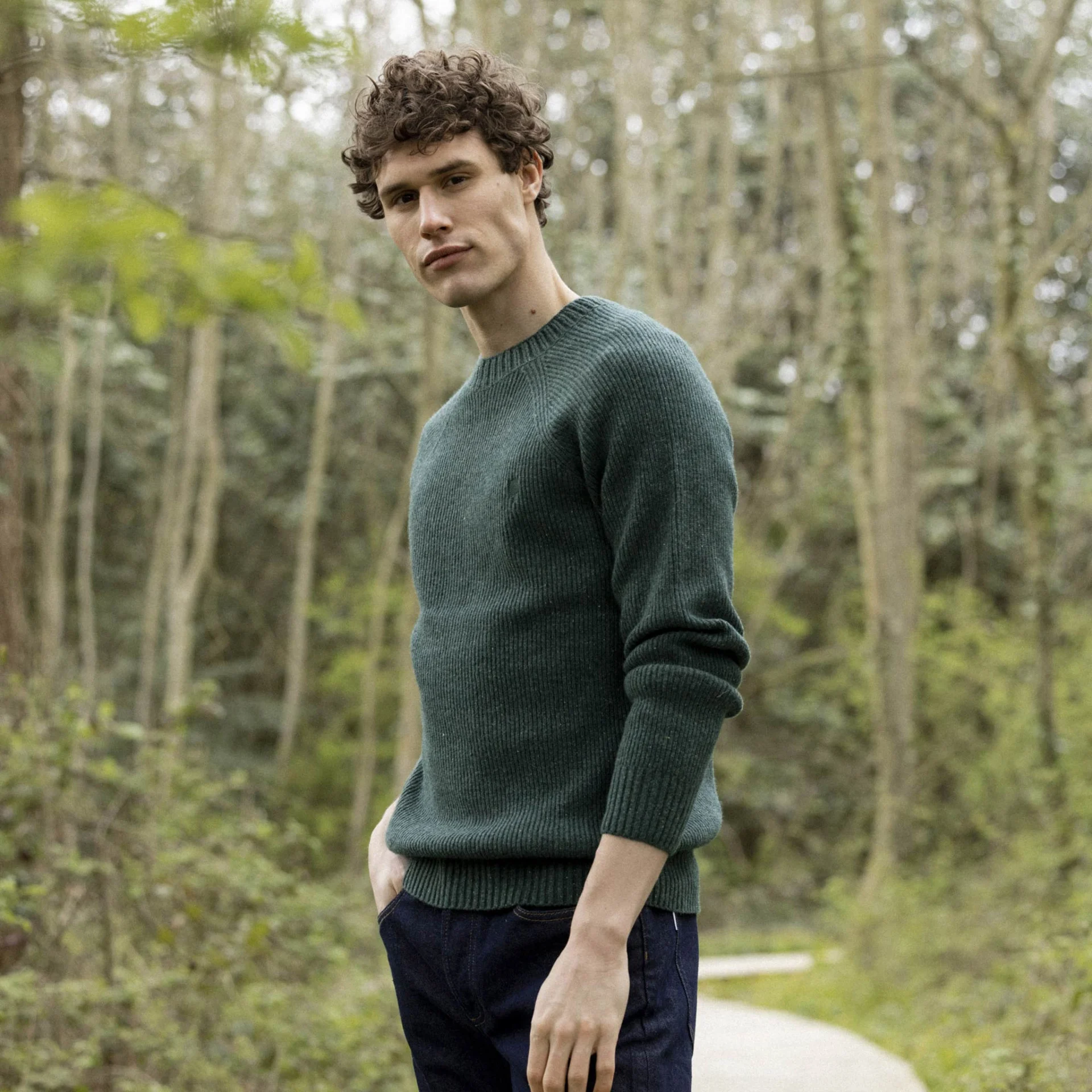 Pull col rond vert laine et coton recyclé - modèle Frehel