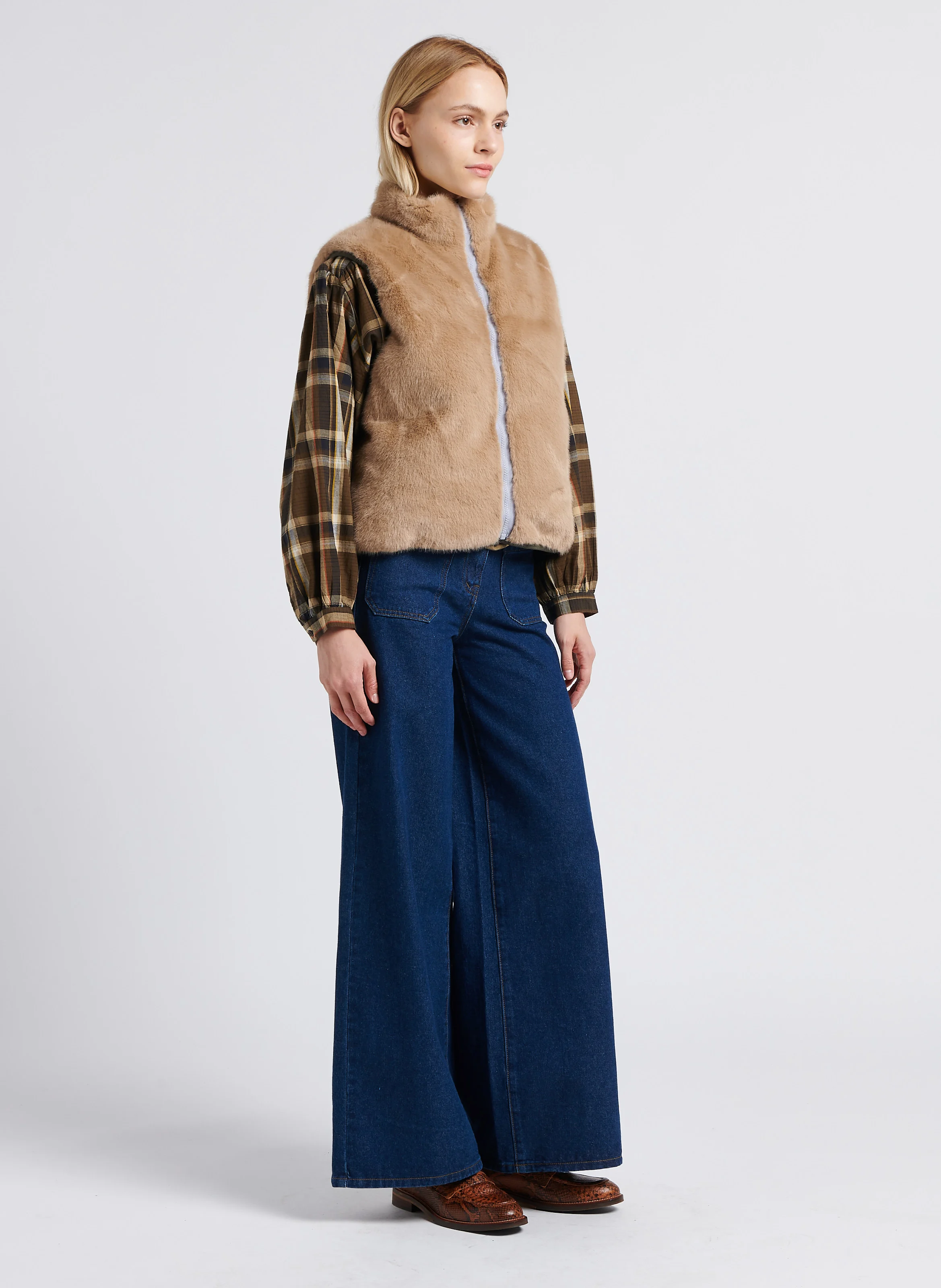 ELINA - Blouse évasée col rond en coton imprimé | Marron