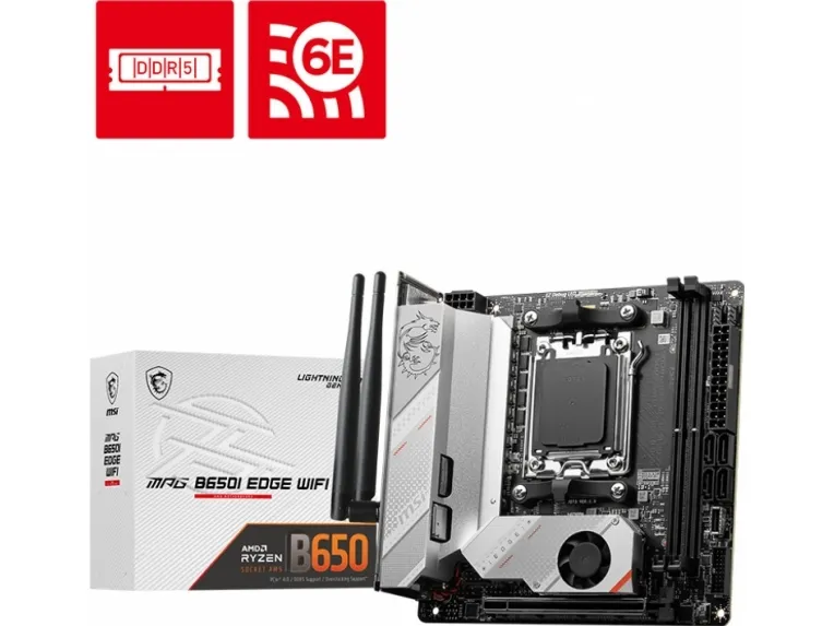 MSI MPG B650I EDGE WIFI - Bundkort - mini ITX - Socket AM5 - AMD B650 Chipset - USB 3.2 Gen 2, USB-C 3.2 Gen2, USB 3.2 Gen 1, USB-C 3.2 Gen 2x2 - 2.5 Gigabit LAN, Wi-Fi 6, Bluetooth - onboard grafik (CPU påkrævet) - HD Audio (8-kanaler)