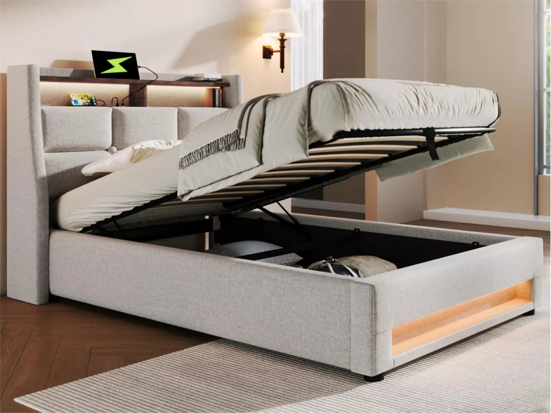 Lit coffre en lin 90x200cm avec LED et ports USB - sommier à lattes - beige