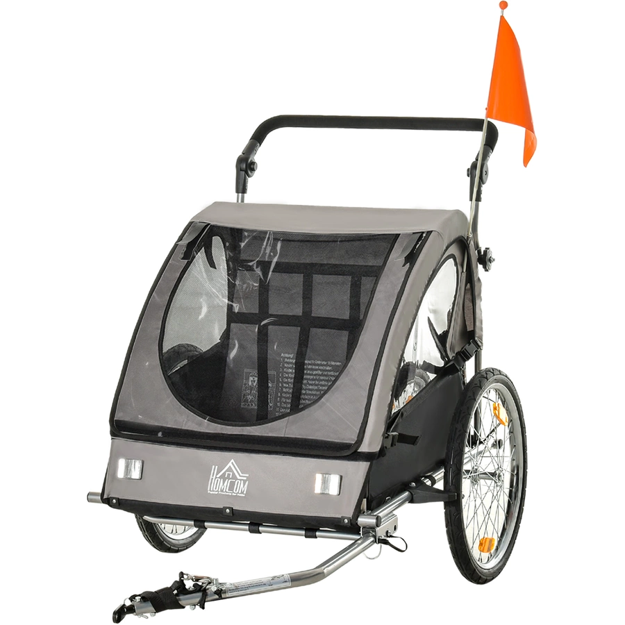 HOMCOM 2-in1 Fahrradanhänger mit Platz für 2 Kinder grauschwarz