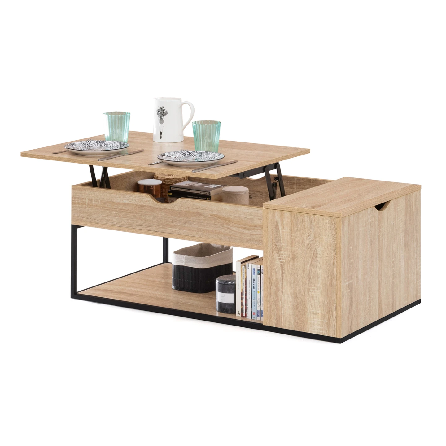 Table basse plateau relevable rectangulaire DETROIT avec coffre design industriel