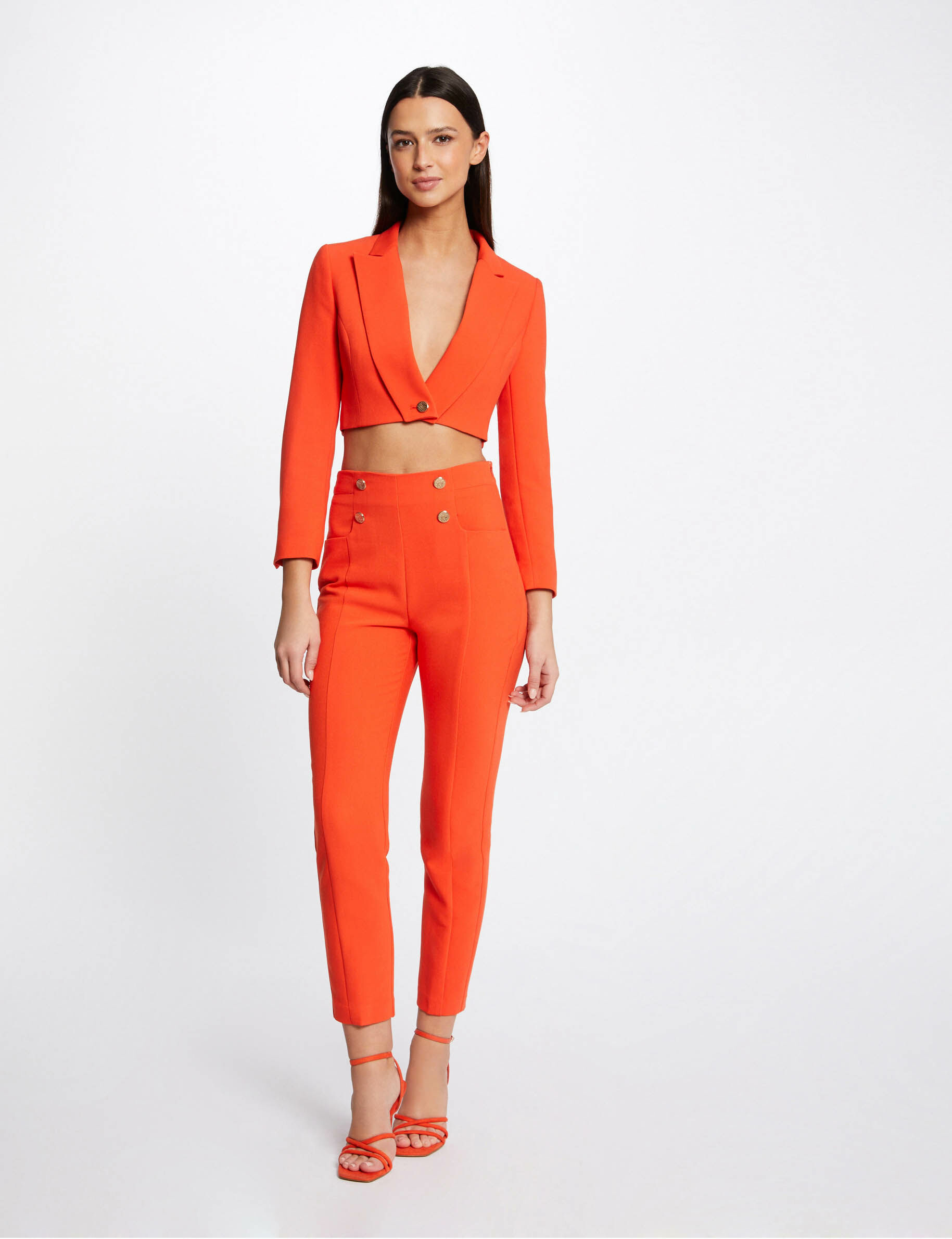 Pantalon city ajusté 7/8ème avec boutons orange femme - orange