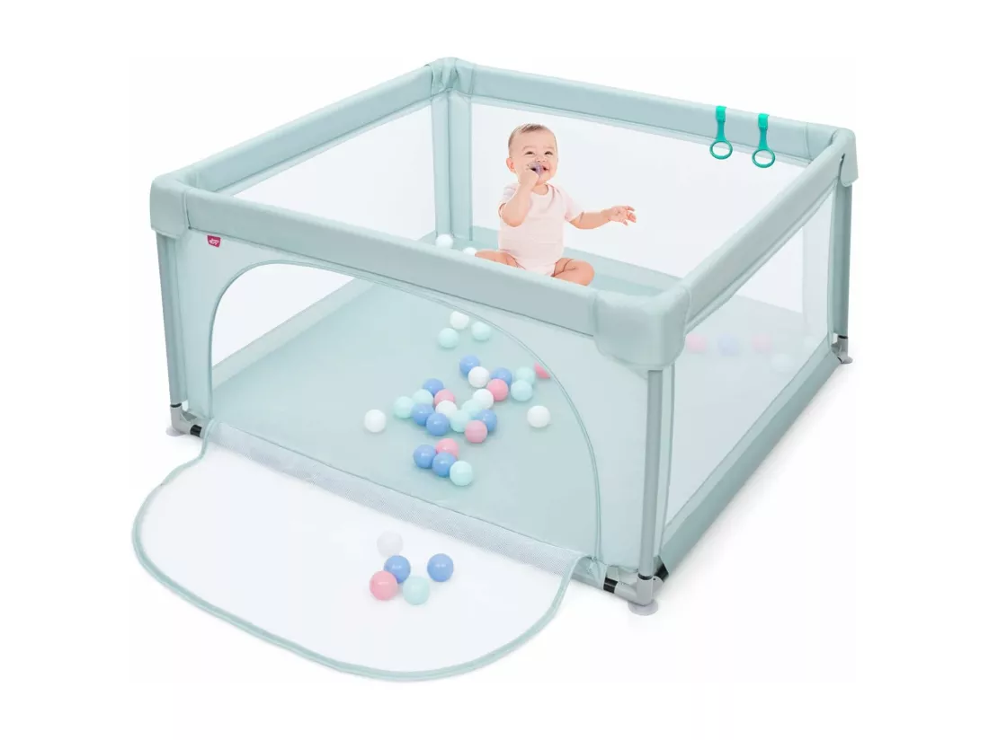 Parc Bébé en Tissu avec Tapis Antidérapant, Centre d'Activité Enfants avec Maille Respirante, 50 Boules, Sac de Transport Intérieur Extérieur pour Bébé 0-3 Ans Gris