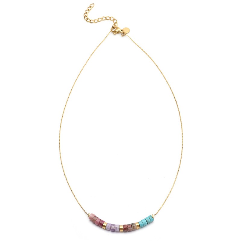 Collier Perles Heishi Pierres Naturelles Améthyste Turquoise Jaspe Rouge-38 cm