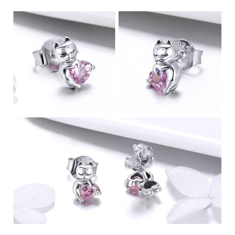 Boucles d'oreilles Femme Chat orné de Cristal de Swarovski Rose et Argent 925