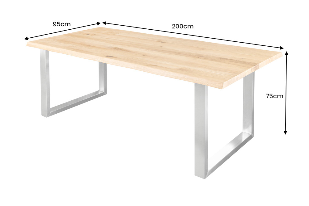 Massiver Esstisch WILD OAK 200cm natur silber Wildeiche Baumkante Edelstahl U-Gestell