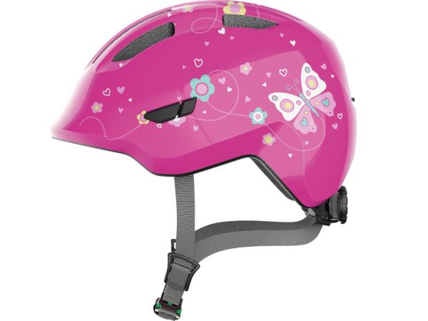 Abus Smiley 3.0 Green Buckle Cykelhjelm, Pink Butterfly Shiny