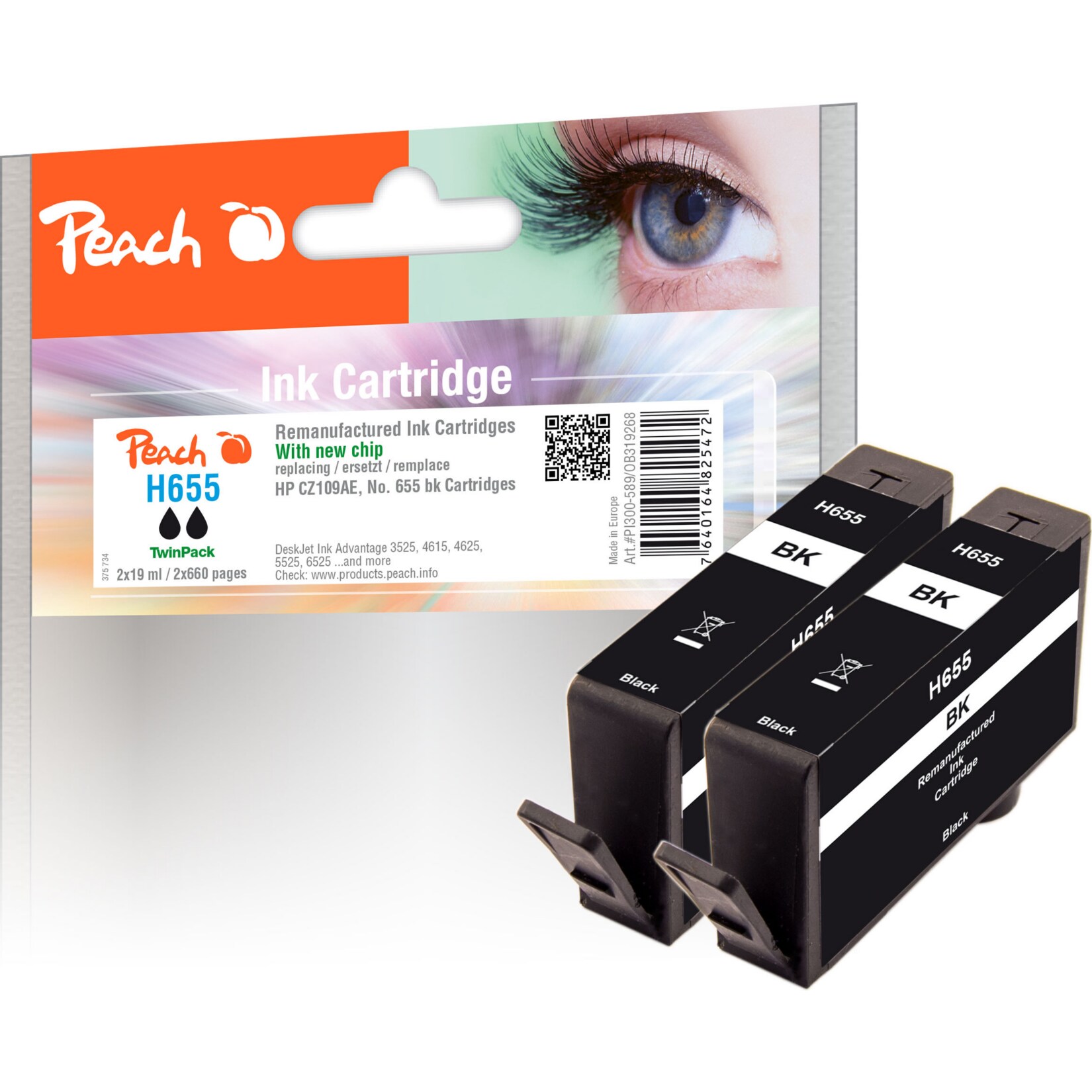 Peach HP 655 bk 2 Druckerpatrone 2*bk ersetzt HP No. 655 bk*2, CZ109AE für z.B. HP DeskJet Ink Advantage 3525, HP DeskJet Ink Advantage 4615 (wiederaufbereitet)