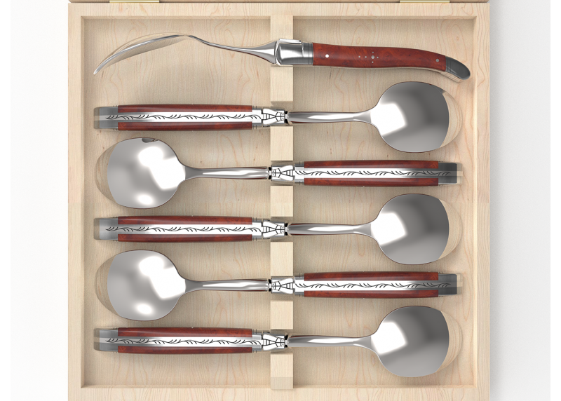 Service de 6 petites cuillères Laguiole avec un manche en loupe d'amboine et mitres en acier inoxydable