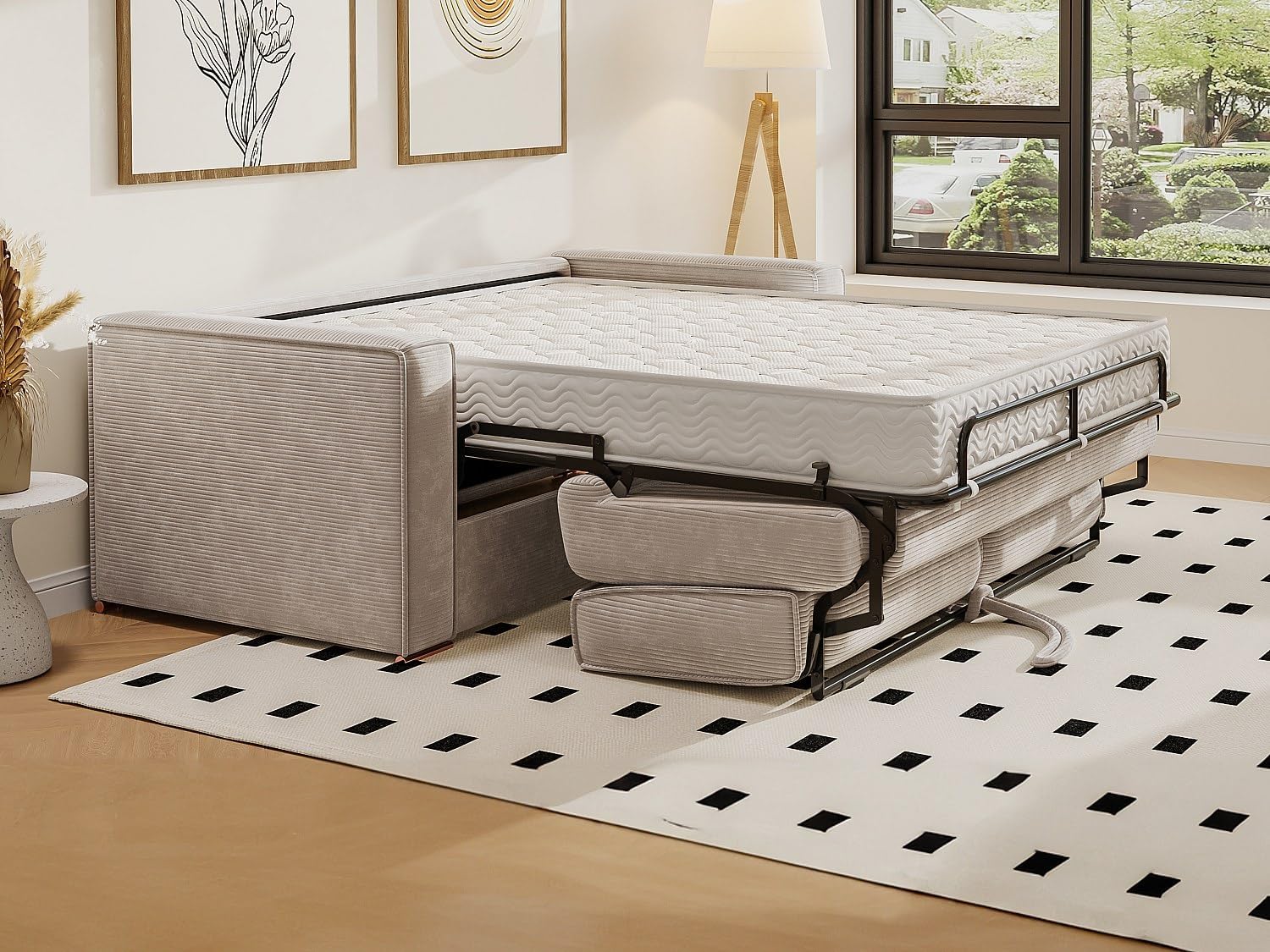 Vente-unique-Schlafsofa mit Matratze 4-Sitzer - Cord - Beige - Liegefläche 160 cm - Matratze 14 cm - Loreto