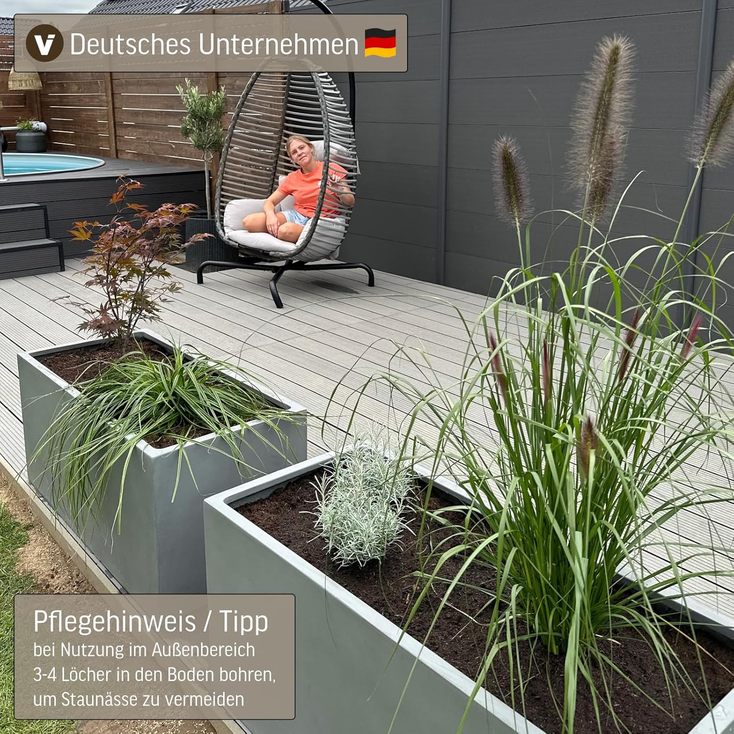 VIVANNO Pflanztrog Maxi Pflanzkübel - 45x100x45 cm Witterungsbeständig, Stilvolles Beton-Design, Fiberglas, In- & Outdoor Blumentopf