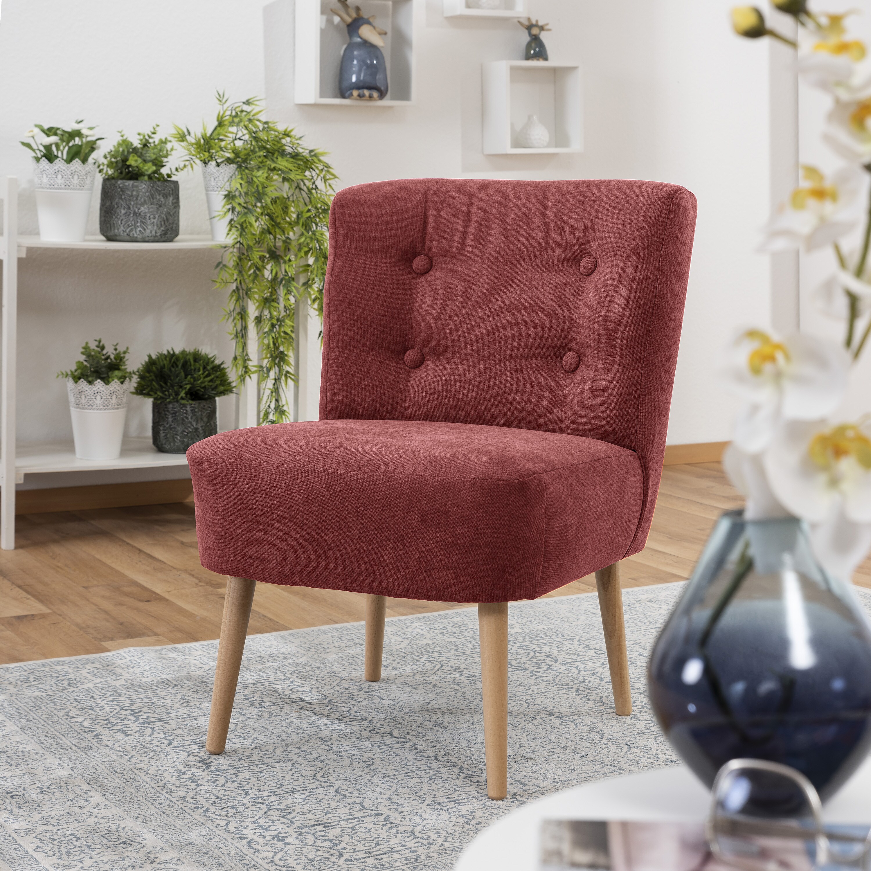 lovingHome® Sessel Fiola Velours rot Polstersessel Stuhl Relaxsessel Füße Buche natur mittlere Sitzhärte
