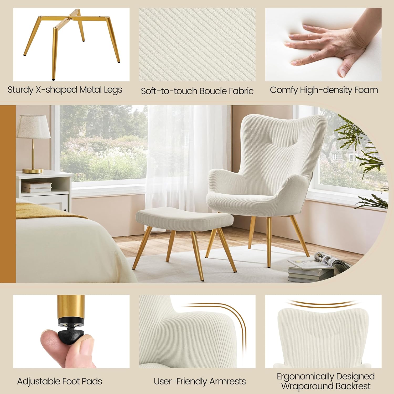 Yaheetech Ohrensessel mit Hocker aus Cordstoff Loungesessel mit Klappbarer Rückenlehne bis 136 kg belastbar Sessel fürs Wohnzimmer/Schlafzimmer Beige