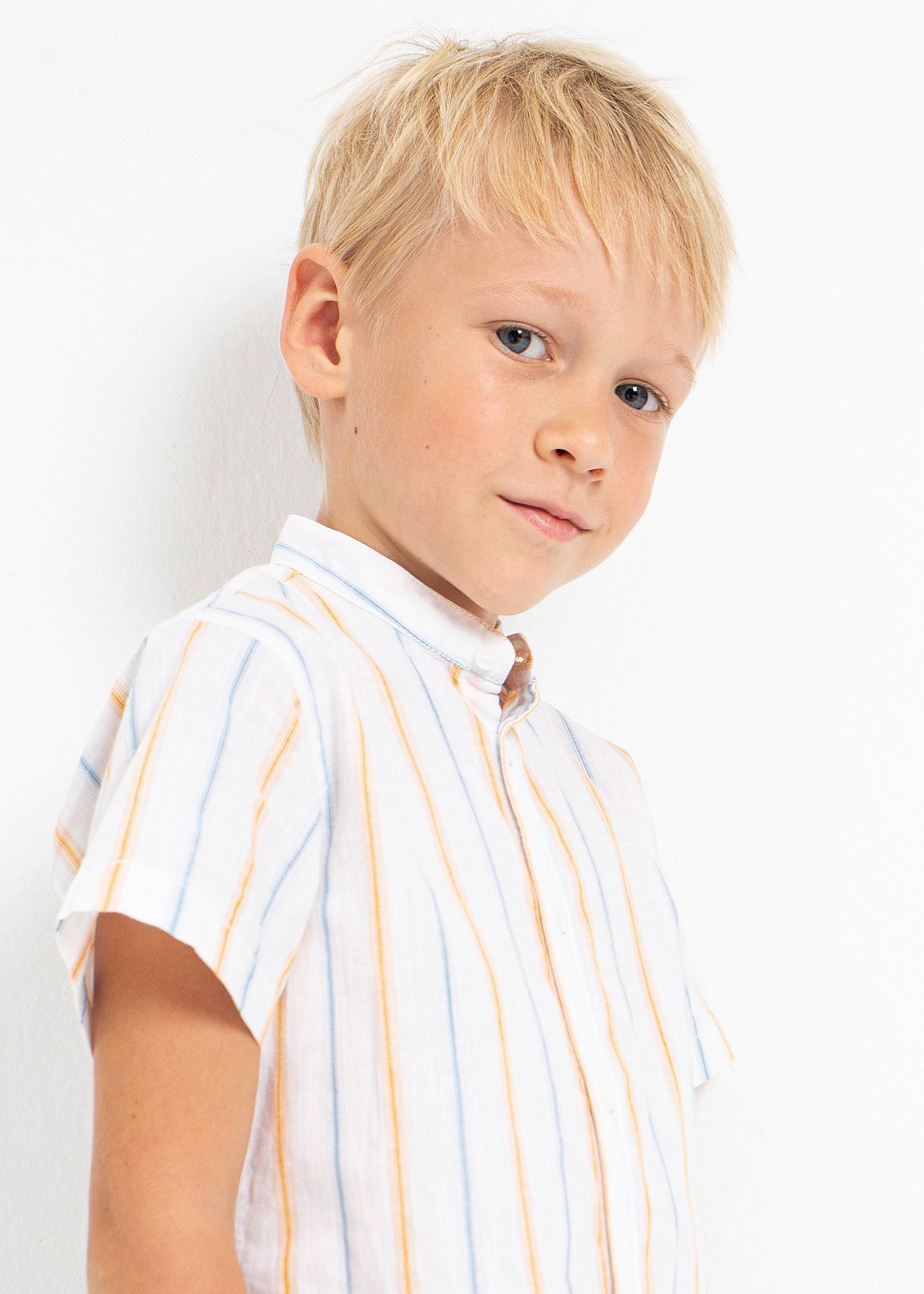 Camisa de algodão de manga curta com gola mandarim para meninos