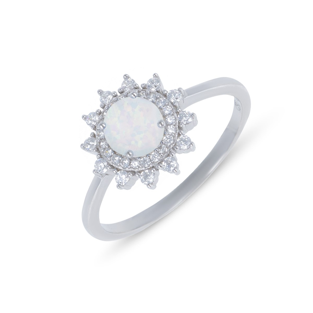 Bague argent rhodié cabochon Opale blanche imitation forme ronde