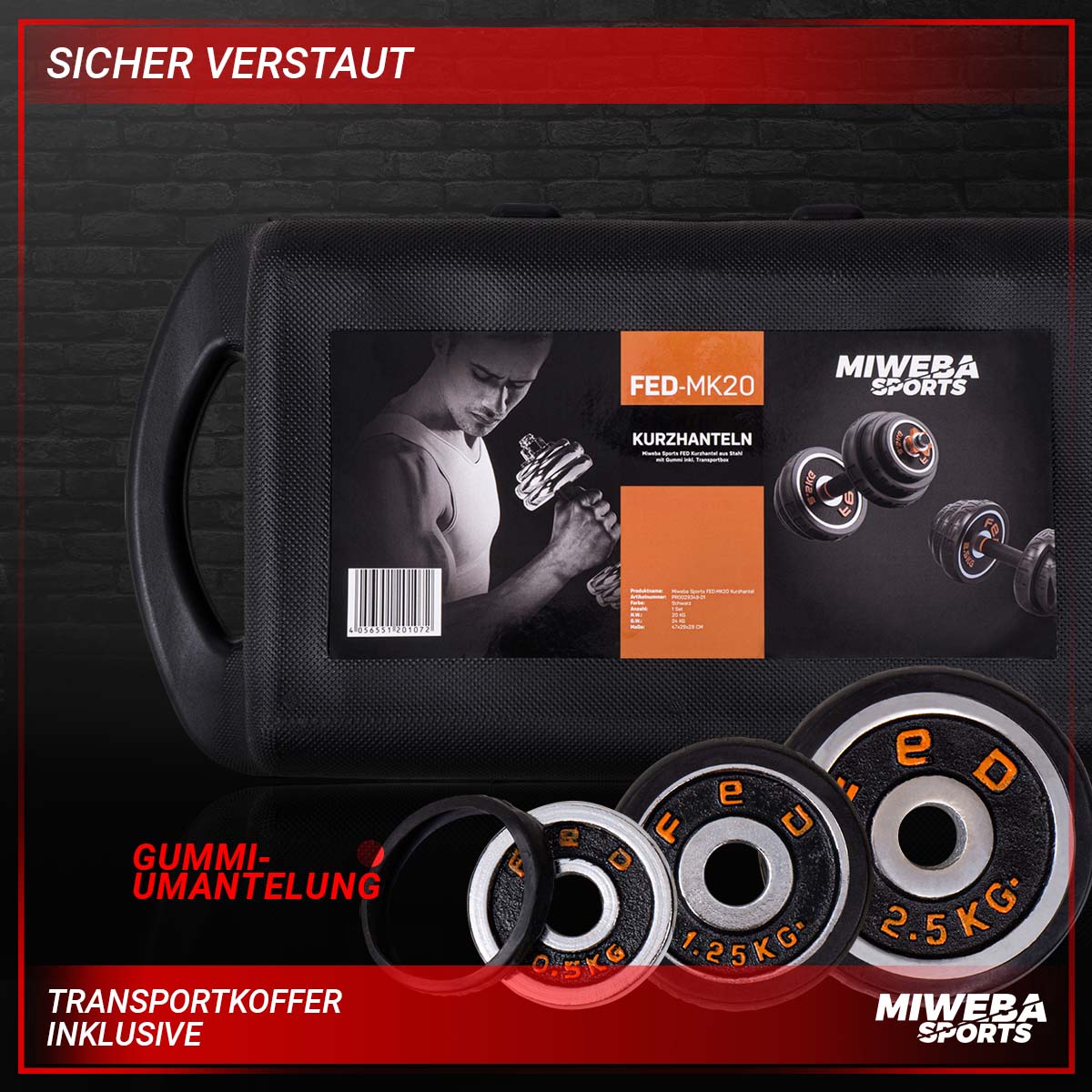 Miweba Sports FED 4in1-Hantelset, Kurzhanteln, Langhantel, Hantelscheiben Stahl, 20/30 kg, Koffer (ohne Kugelhantel-Griffen, 20 Kg schwarz)