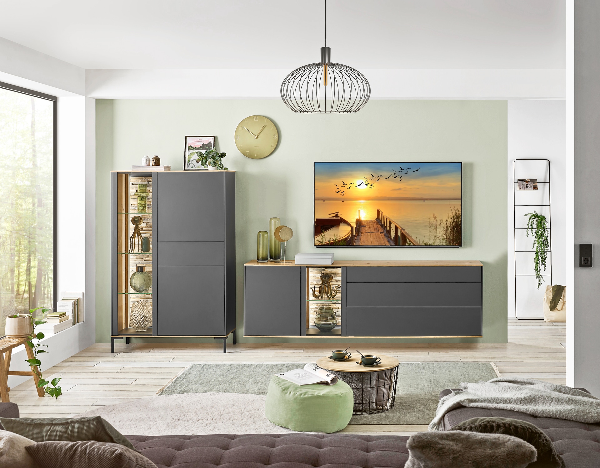 Highboard Como101x145x42 cm Anthrazit matt lack / Asteiche-Dekor