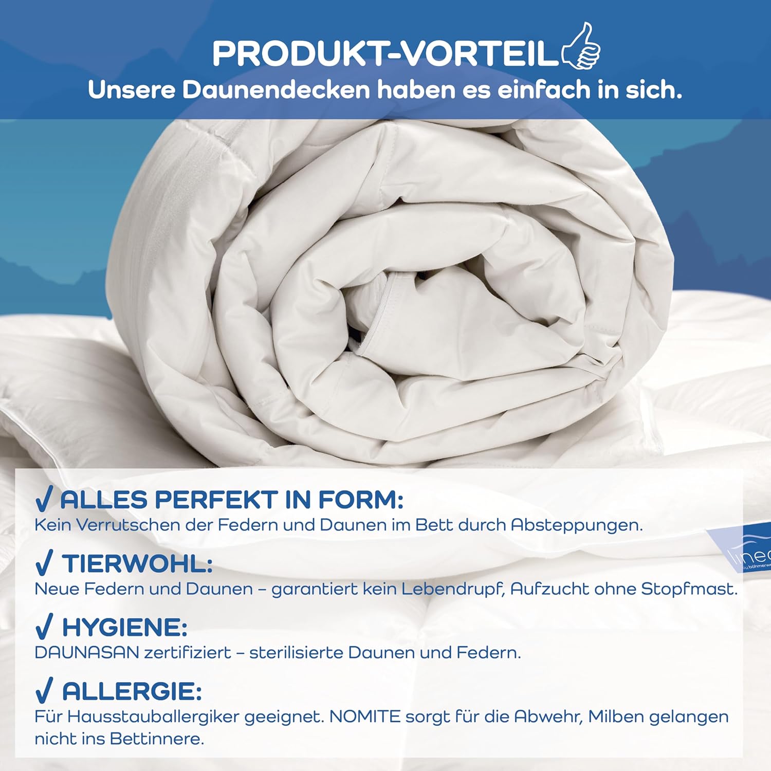 LINEA by böhmerwald - comfort - kuschlige Daunendecke warm, 135x200, 90% Daunen / 10% Federn Klasse 1, Allergiker geeignet, waschbar bis 60 °C, in Deutschland produziert, Weiß