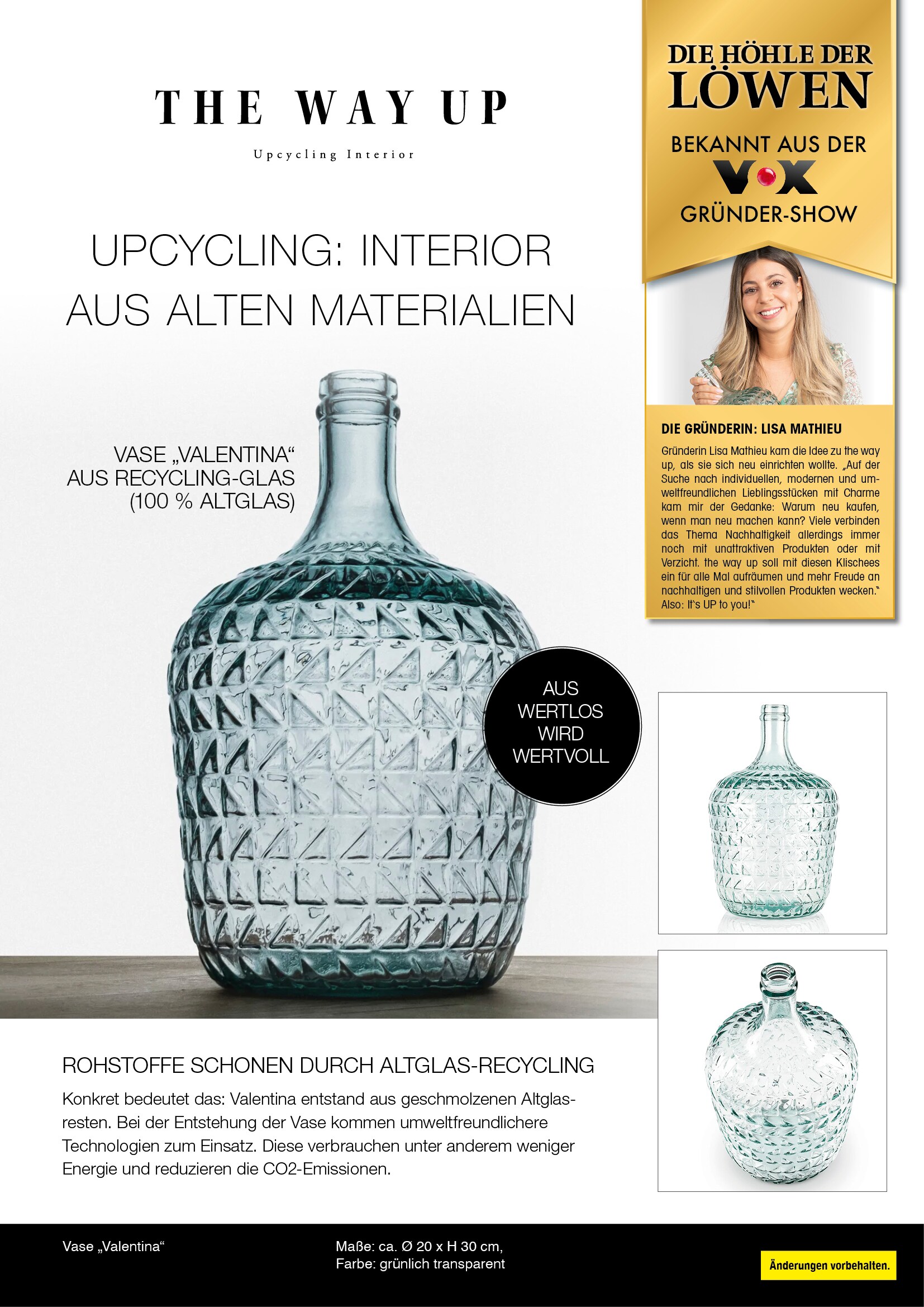 the way up Recyclingglas-Vase Valentina 20cm clear 30cm hoch