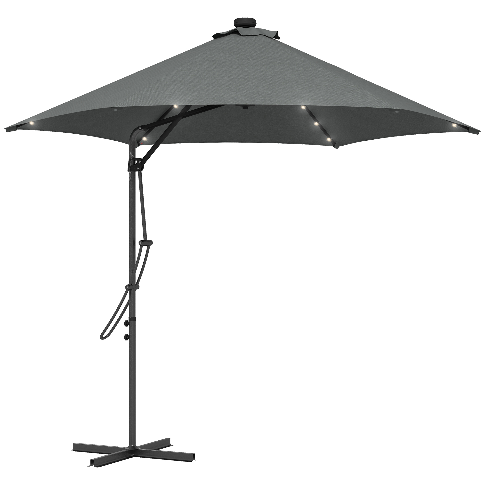 Guarda-sol de braço articulado Outsunny de 3 m com luzes LED, guarda-sol de jardim com manivela e base cruzada, guarda-sol lateral para pátio e terraço, cinza escuro