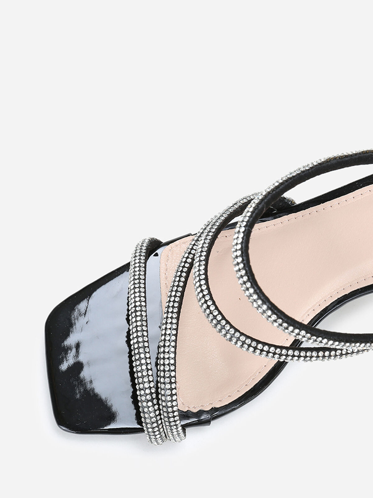 Mules à talon transparent et brides en strass- Noir