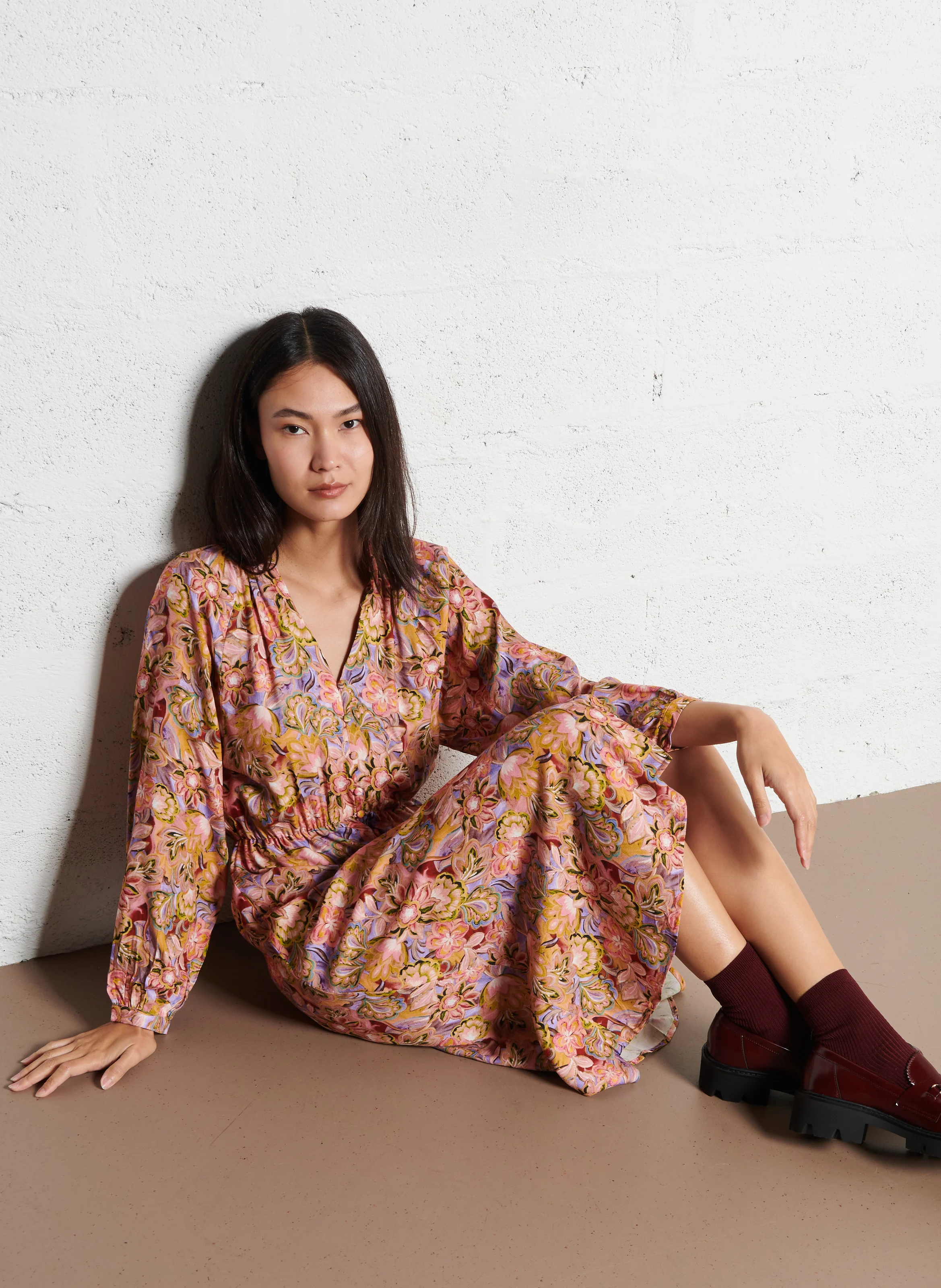 RENA - Robe midi col V | Multicolore