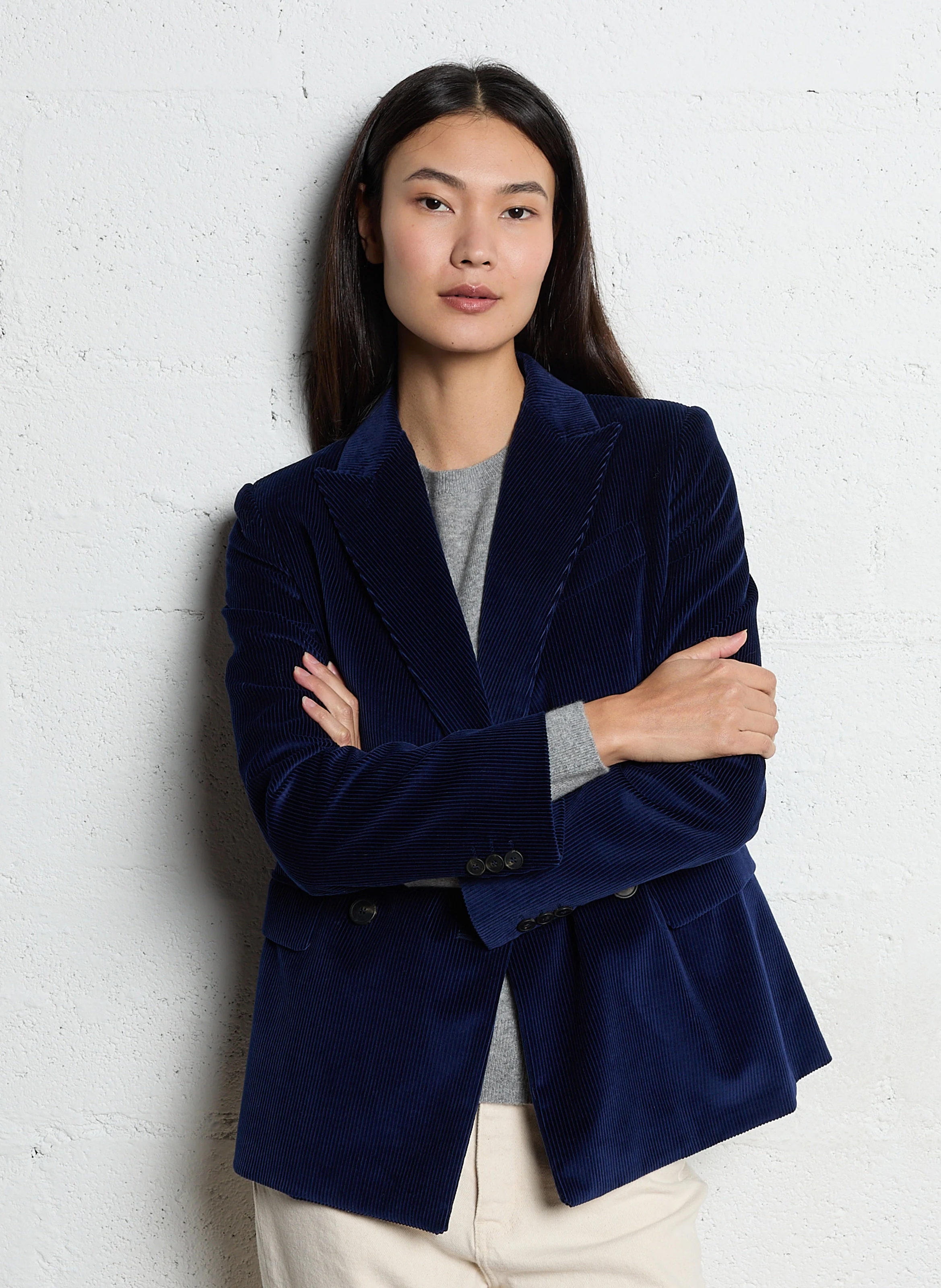 KATANGA - Veste ajustée col tailleur en velours de coton côtelé | Bleu
