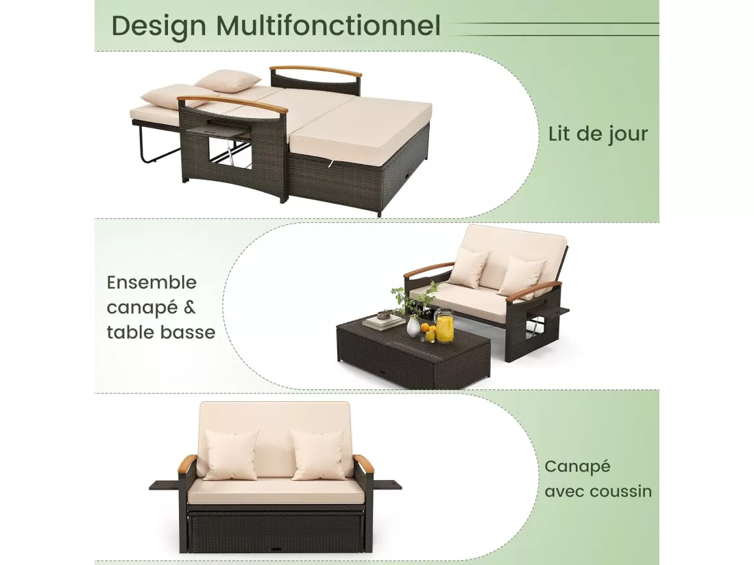 Salon de Jardin en Rotin et fibre naturelle avec Ottoman de Rangement, Bain de Soleil avec Plateau Latéral Rétractable Dossier Réglable Coussins 4 Positions, Canapé à 2 Places Charge 360KG, Beige