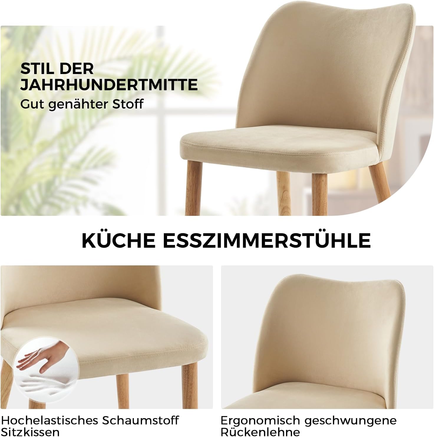HULALA HOME 2er Set Esszimmerstühle, Schminktischstuhl, bequemer Kleiner Küchenstuhl mit Holzbeinen 46 cm Sitzhöhe für Wohnzimmer, Schlafzimmer und Esszimmer, Beige
