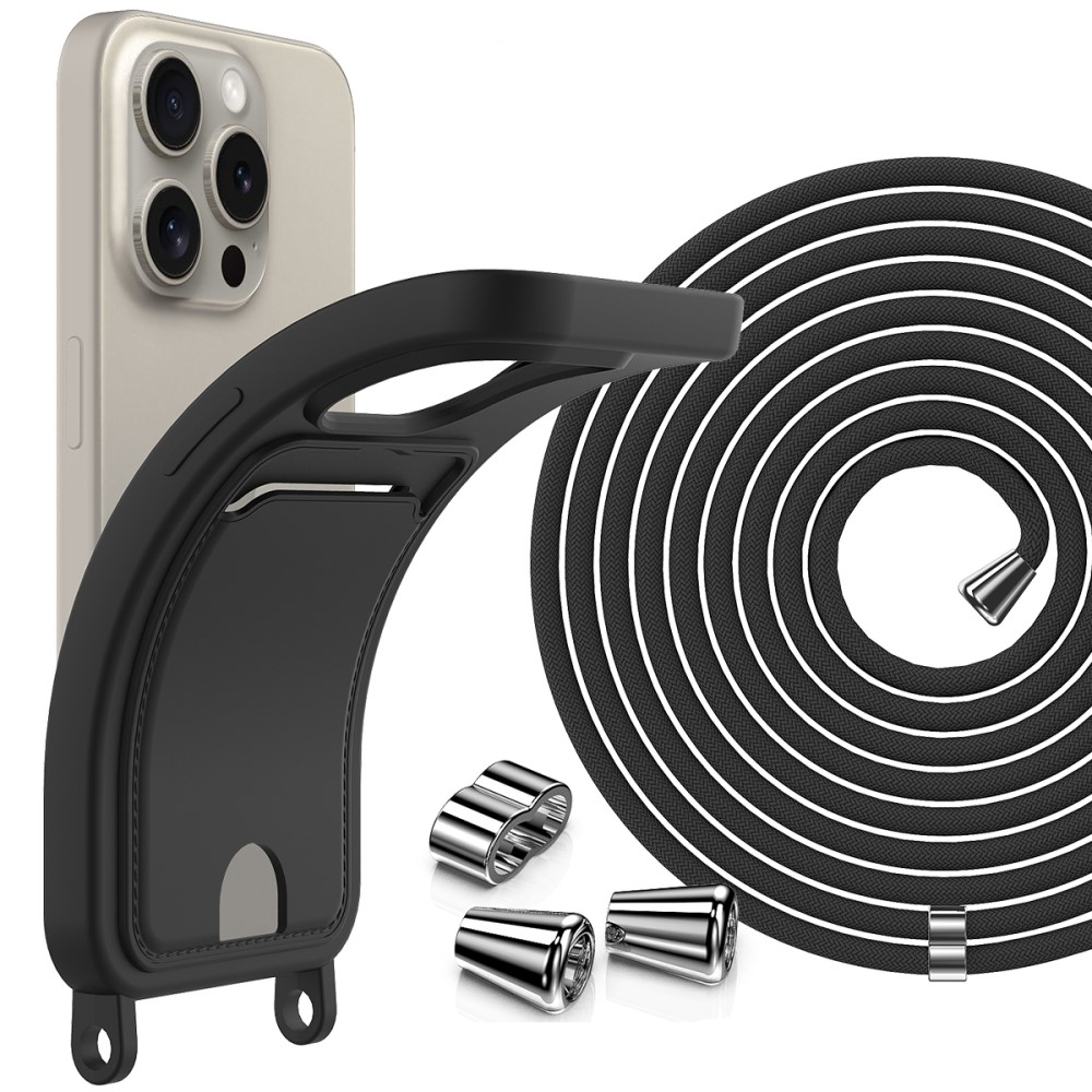 iPhone 16 Pro Necklace Silikon Hülle mit Kartenfach   Handykette (160cm) - Schwarz