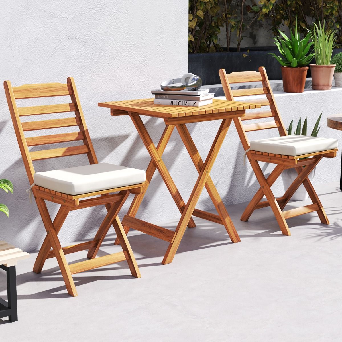 Ensemble Bistrot d'Extérieur en Bois d'Acacia Ensemble de Chaises Pliantes et Table Coussins de Siège Sans Accoudoirs à Dossier Haut Blanc - Lidl-Manfred