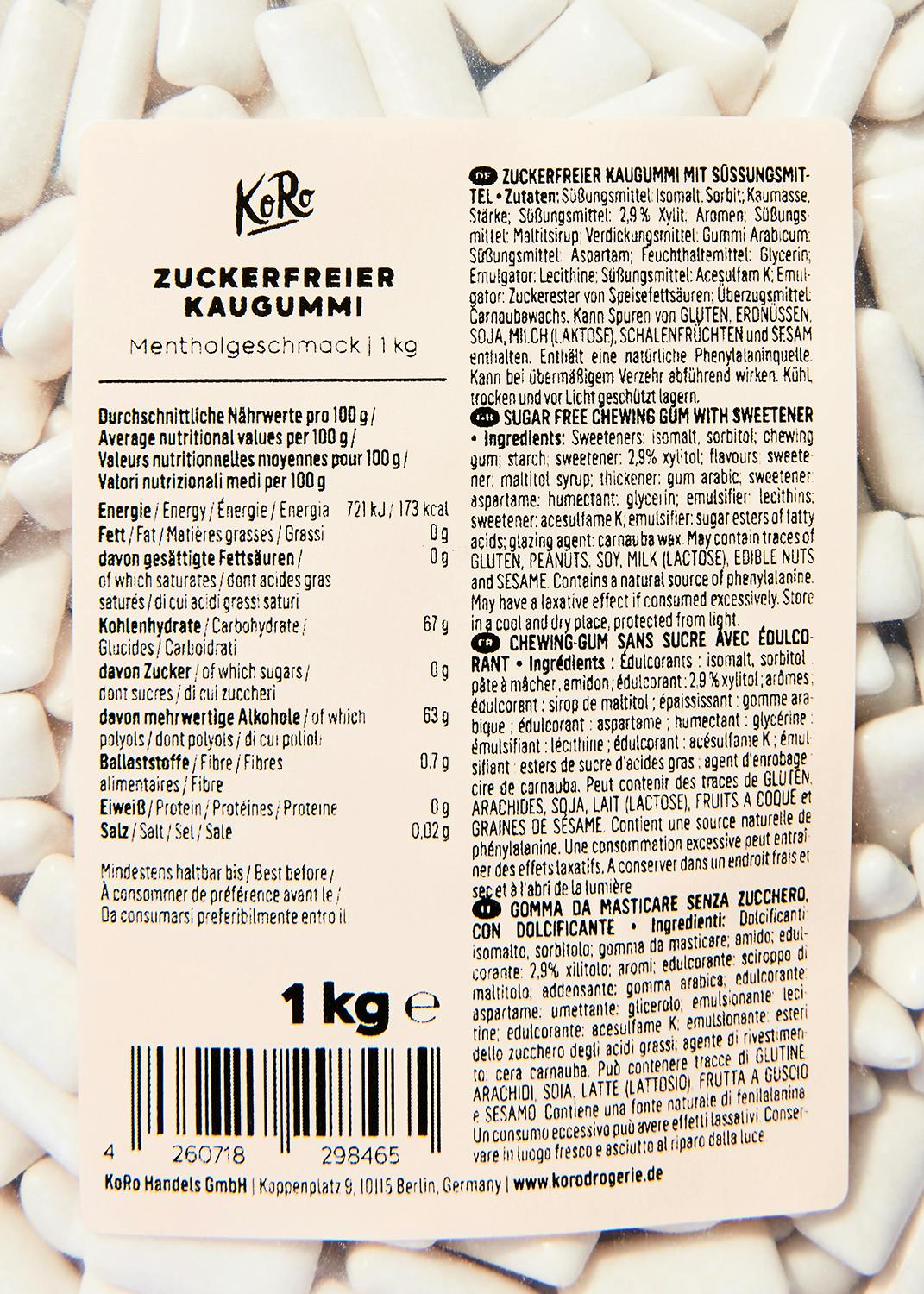 Zuckerfreier Kaugummi mit Menthol 1 kg