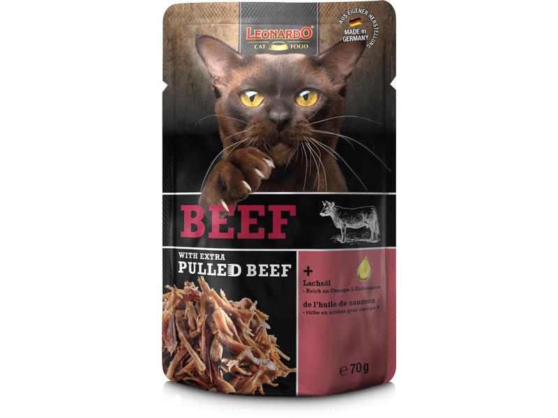 Leonardo Cat Food Nassfutter Rind & Pulled Beef, 70 g Alleinfutter für ausgewachsene Katzen