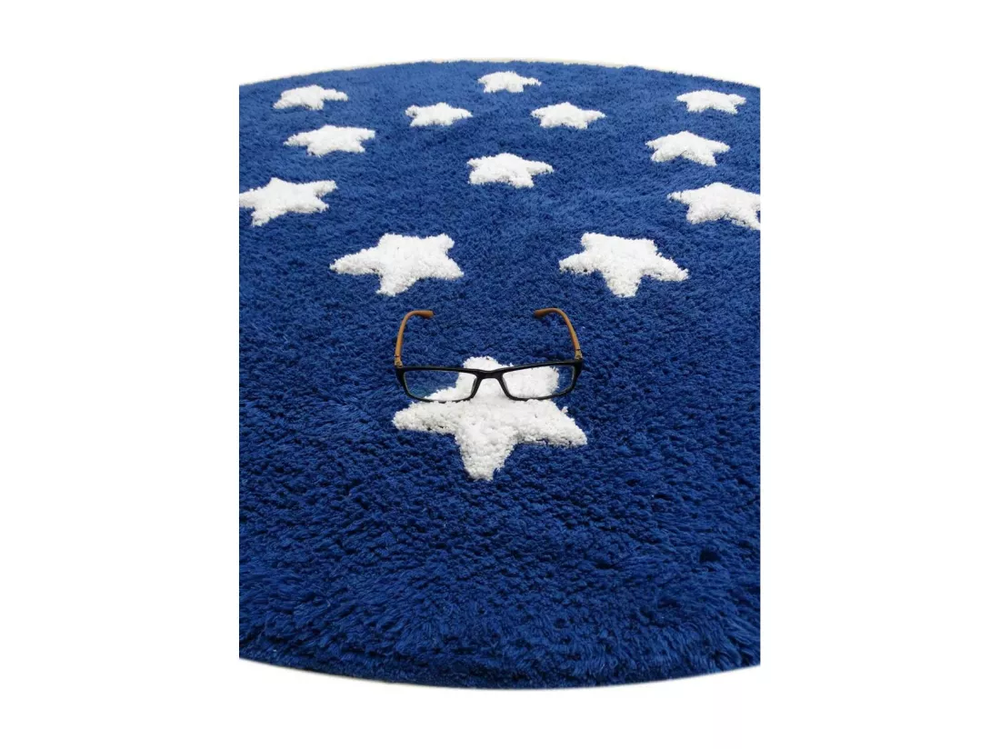 Tapis enfant Ø140cm rond fait main en coton bleu foncé ETOILE