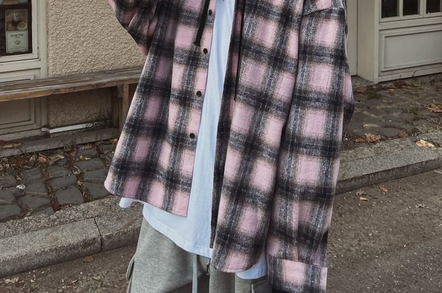 SeoulPop - Geruite, losse capuchonsweater met lange mouwen