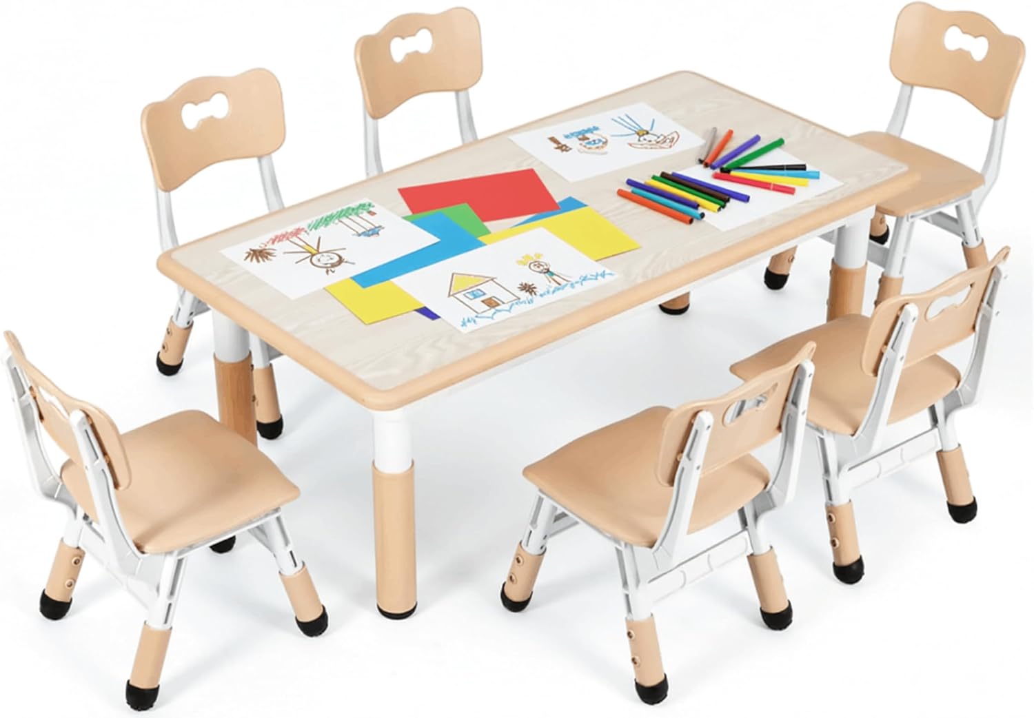 MAMIZO Kindertisch Packung mit 6 Stühlen, Kindertischgruppe Höhenverstellbar, Kinder Tisch Stuhl Set für Kindergarten und Kinderzimmer, Plastik Kindermöbel, Sitzgruppe Jungen Mädchen ab 2 Jahre, Gelb