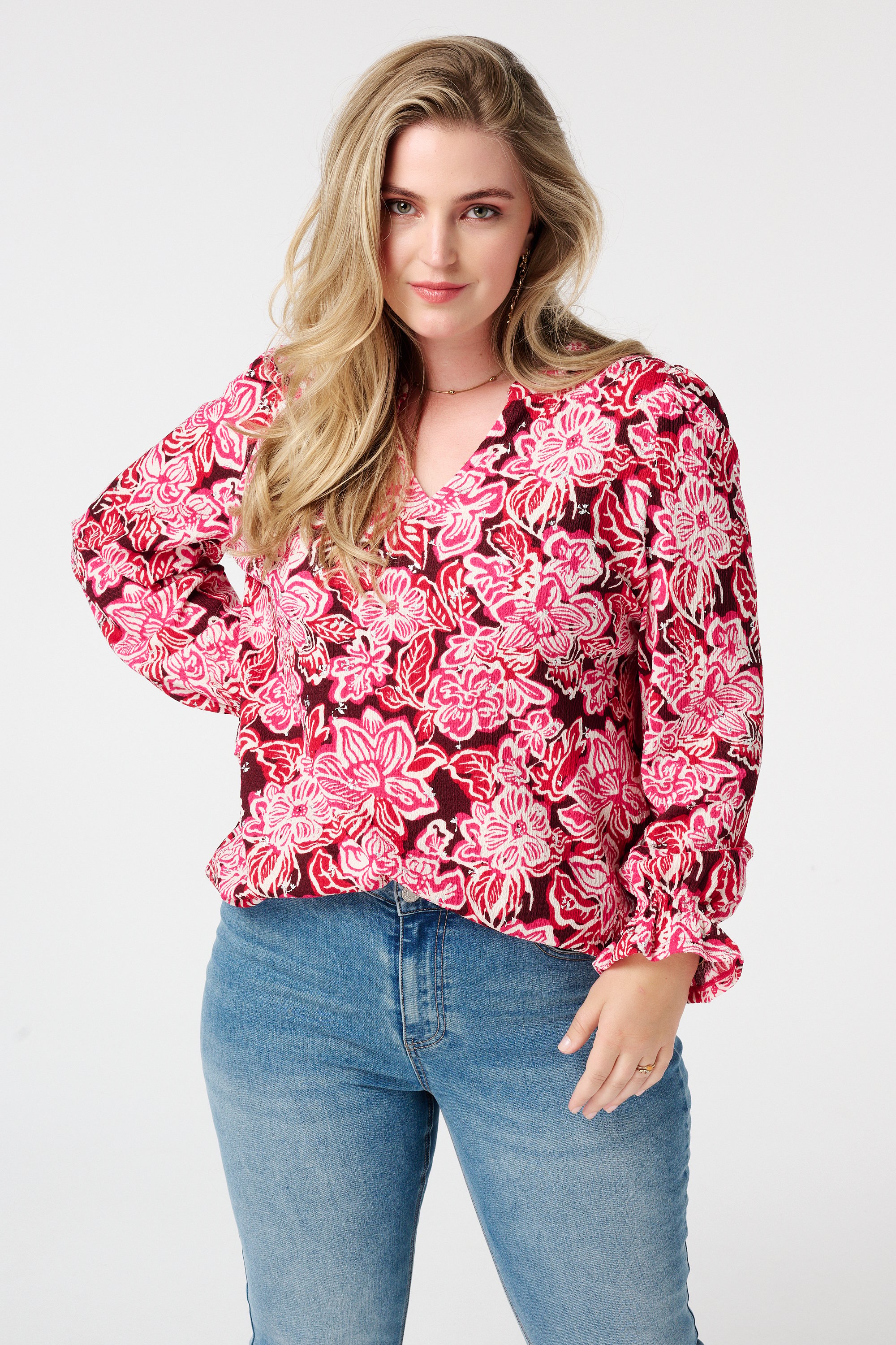 Top met print en stuctuur Multi Pink-Rood